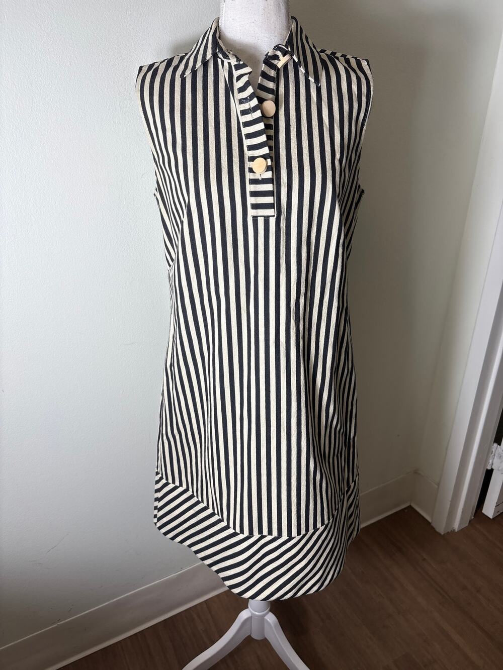 Pearl by Lela Rose Black and Cream Vertical Stripe Sleeveless Mini Dress Sz S